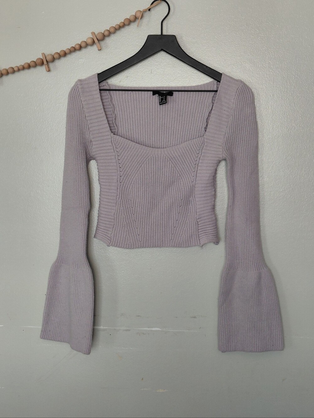 F21 Lilac Bell Sleeve Reto Knit Cozy Cropped Sweater Size Small
